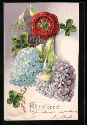 Präge-AK Siegel, Glücksklee und Herzen aus Blüten, Neujahrsgruss
