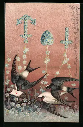 Präge-AK Schwalben mit Brief und Glückssymbole aus Vergissmeinnicht-Blüten