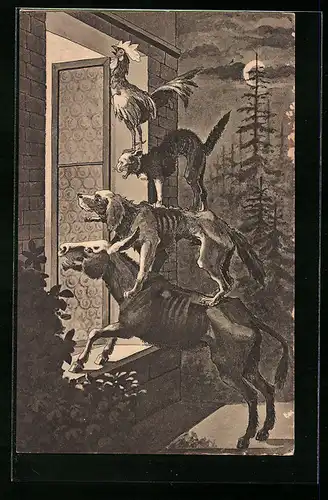 AK Die Bremer Stadtmusikanten beobachten die Räuber durchs Fenster