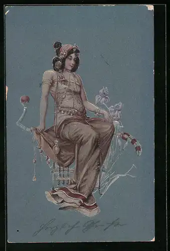 AK Junge Frau in elegantem Kleid im Jugendstil