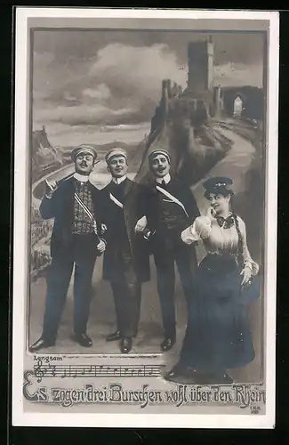 AK Verbindungsstudenten mit Dame vor Rheinkulisse