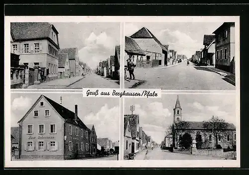 AK Berghausen /Pfalz, Gasthaus zum Schwanen, Kirche, Strassenpartie mit Gebäudeansicht