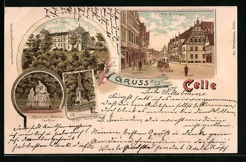 Lithographie Celle, Schloss, Markt & Rathaus, Krieger-Denkmal