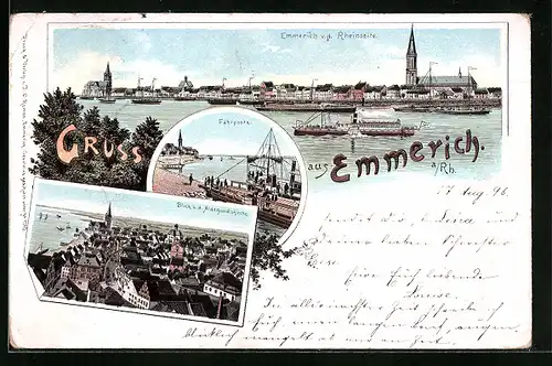 Lithographie Emmerich a. Rh., Teilansicht v. d. Rheinseite, Fährponte, Blick v. d. Aldegundiskirche