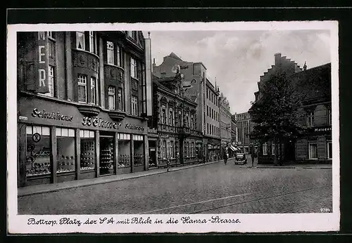 AK Bottrop, Platz der SA mit Geschäften und Blick in die Hansa-Strasse