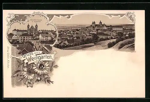 Lithographie Weingarten, Klosterkirche und Kaserne, Teilansicht