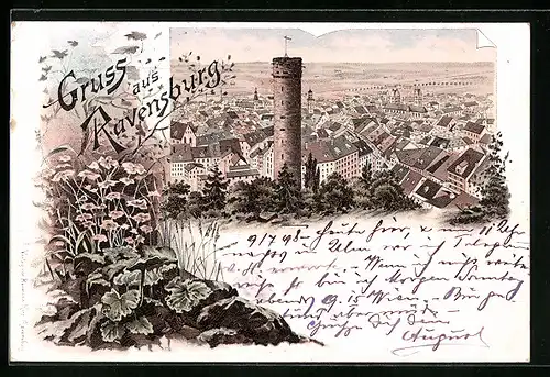 Lithographie Ravensburg, Teilansicht mit Turm