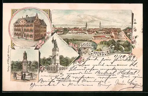 Lithographie Offenburg, Rathaus, Drake-Denkmal, Krieger-Denkmal