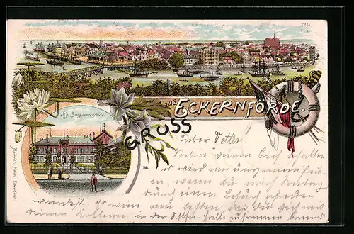 Lithographie Eckernförde, Totalansicht mit Baugewerkschule