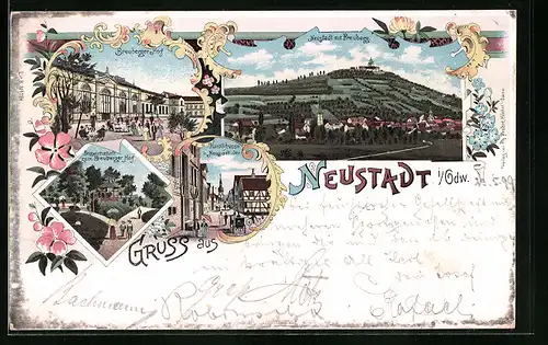 Lithographie Neustadt i. O., Gesamtansicht mit Hauptstrasse