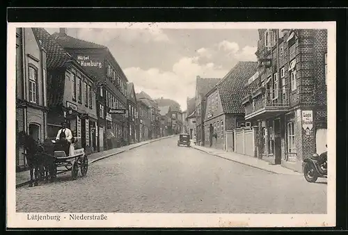 AK Lütjenburg, Niederstrasse mit Hotel und Kutsche