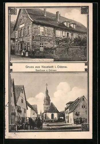 AK Neustadt i. Odenw., Gasthaus zum Ochsen, Strassenpartie mit Kirche