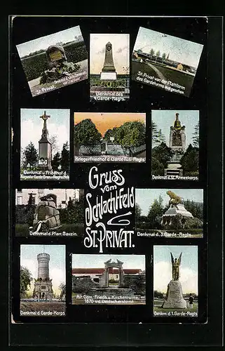AK St. Privat, Schlachtfeld, Versch. Denkmäler, Alt. Gem.-Friedhof und Kirchenruine