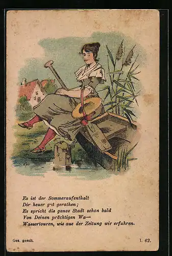 AK Junge Dame auf einem Ruderboot, früher Druck