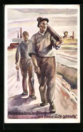 AK Bergarbeiter kehren nach beendeter Schicht aus dem Schacht zurück