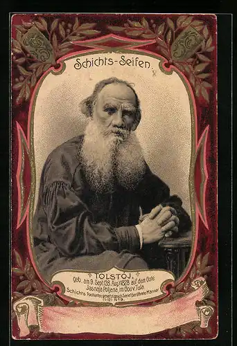 AK Reklame für Schichts-Seifen mit Porträt von Lew Tolstoj