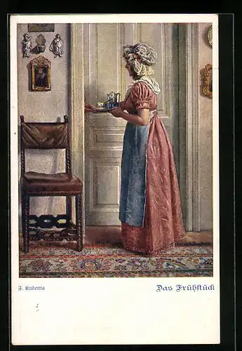 Künstler-AK Franz Kuderna, Deutscher Schulverein Nr. 854: Frau bringt ein Tablett mit Frühstück