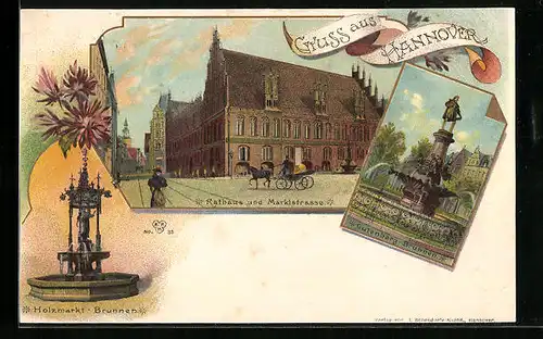 Lithographie Hannover, Rathaus und Marktstrasse, Holzmarkt-Brunnen