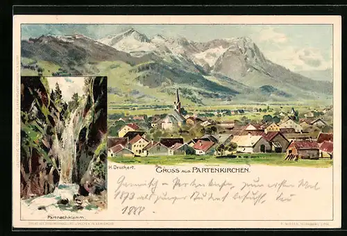 Künstler-AK Heinrich Deuchert: Partenkirchen, Teilansicht, Partnachklamm