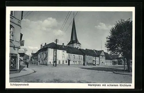 AK Schöppenstedt, Marktplatz mit schiefem Kirchturm