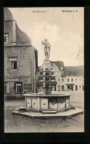 AK Grimma i. S., Partie am Marktbrunnen mit Ratskeller