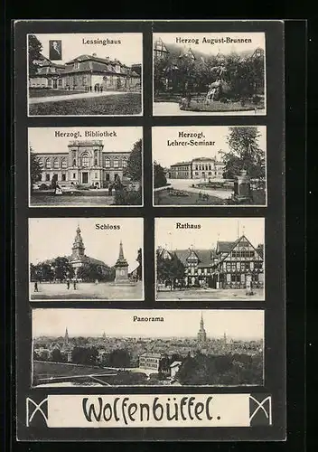 AK Wolfenbüttel, Lessinghaus, Panorama, Herzog August-Brunnen