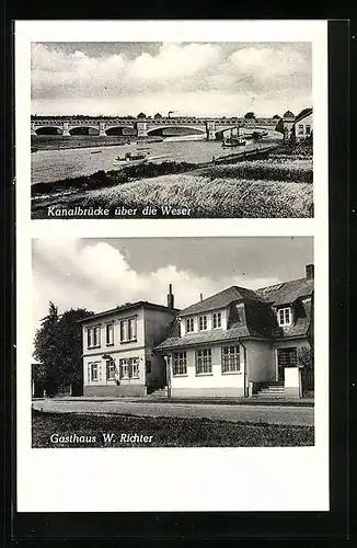 AK Minden i. W., Gasthaus W. Richter und Kanalbrücke über die Weser