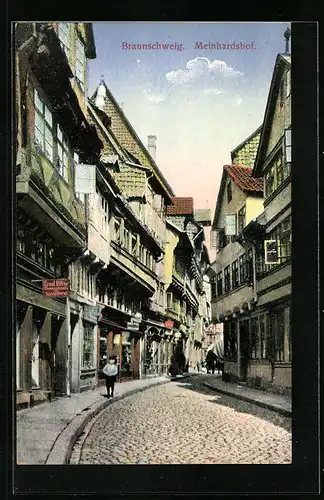 AK Braunschweig, Partie in der Strasse Meinhardshof mit Geschäften