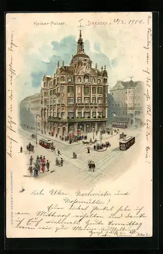 Lithographie Dresden, Kaiser-Palast mit Strassenbahnen und Passanten aus der Vogelschau