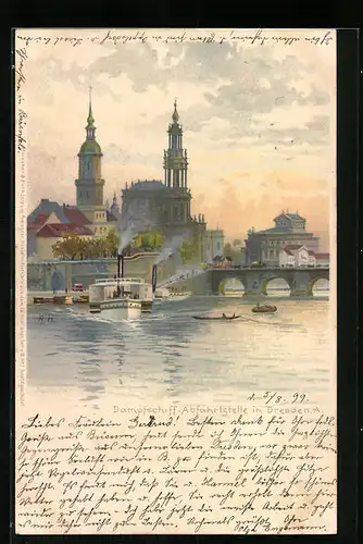 Lithographie Dresden, Dampfschiff-Abfahrtstelle vom Wasser gesehen