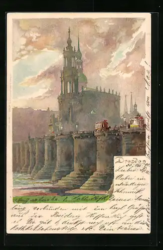 Lithographie Dresden, Schlosskirche von der Elbe aus gesehen