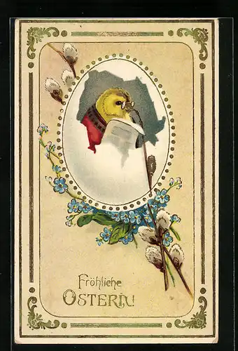 Künstler-AK Osterküken mit Palmkätzchenzweigen