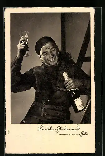 AK Schornsteinfeger mit Sektflasche zum neuen Jahre