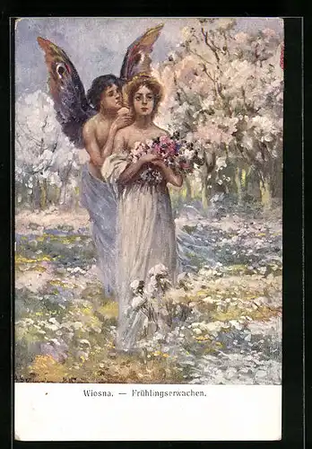 Künstler-AK Wiosna, Frühlingserwachen, Dame mit Engel im Blütenmeer