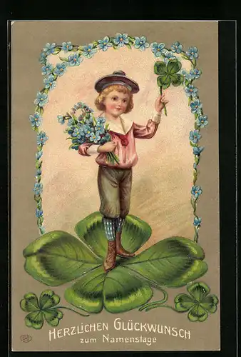 Präge-AK Glückwünsche zum Namenstag, Junge mit Vergissmeinnicht und Kleeblättern