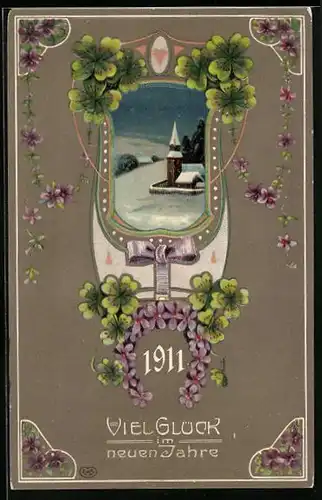 Präge-AK Verschneite Dorflandschaft mit Kleeblättern 1911, Neujahr