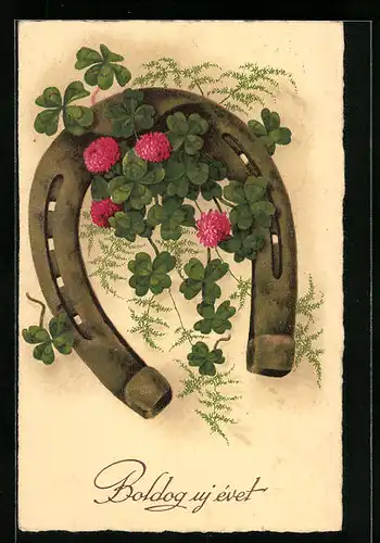 Künstler-AK Hufeisen mit Kleeblättern