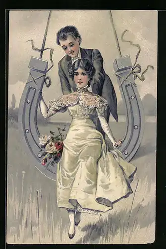 Präge-AK Liebespaar auf Hufeisen-Schaukel