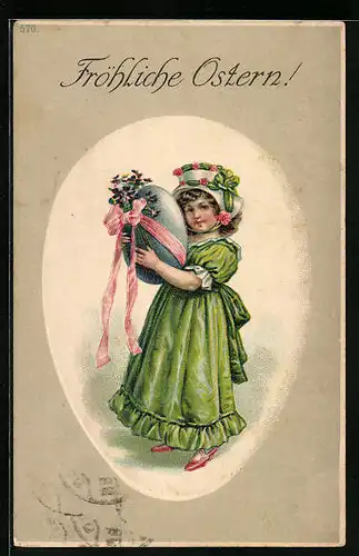 Präge-AK Fröhliche Ostern, Mädchen im Kleid mit Osterei