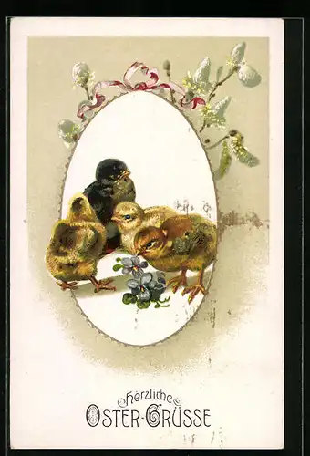 Künstler-AK Osterküken mit Palmkätzchenzweigen zum Feste