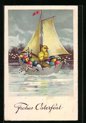 Künstler-AK Osterküken auf See im Eierschalenboot