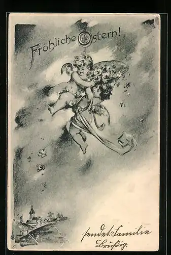 Künstler-AK Fröhliche Ostern, Engelchen über dem Dorf