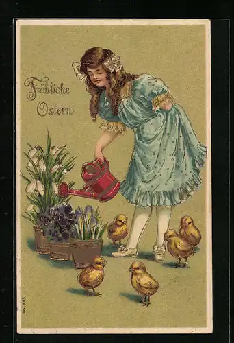 Präge-AK Mädchen mit Osterküken giesst die Blumen