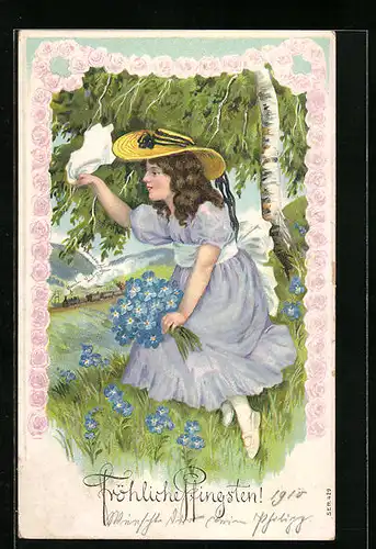 Präge-AK Fröhliche Pfingsten, Mädchen mit Hut und Vergissmeinnicht