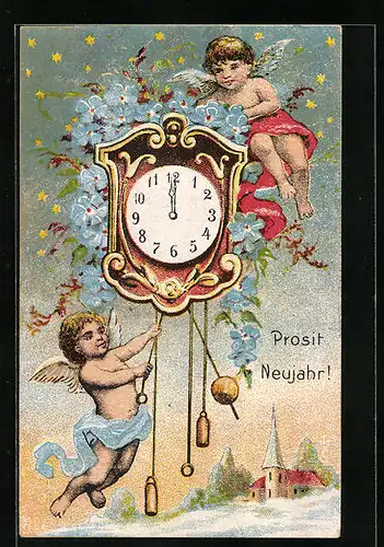 Künstler-AK Neujahrsengel an der Uhr zu Mitternacht, Prosit Neujahr