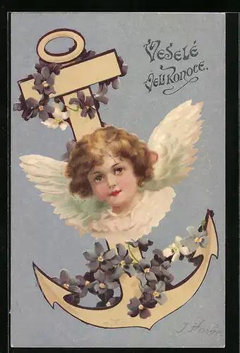 Künstler-AK Osterengel mit Anker und Veilchen