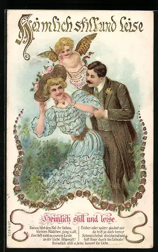 Präge-AK Heimlich still und leise, Liebespaar mit Amor