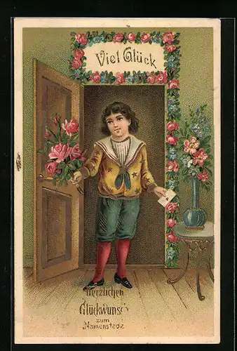 Präge-AK Glückwünsche zum Namenstag, Junge mit Blumenstrauss