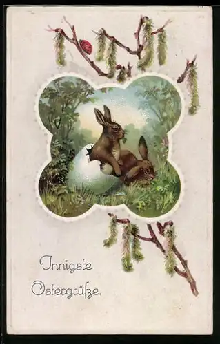 Präge-AK Osterhasen in Eierschale, Innigste Ostergrüsse