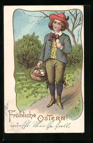 Lithographie Fröhliche Ostern, Junge mit Korb voller Ostereiern